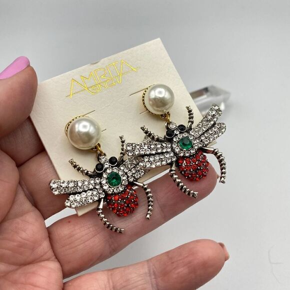 Amrita Singh Pearl & Multi Crystal Insect Statement Earrings - Picture 2 of 3